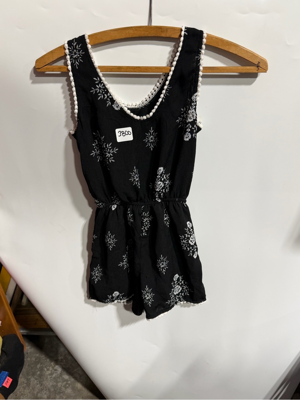 #3800-paper doll Black Romper with White Floral Embroidery